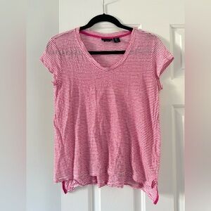 Tahari linen v neck shirt pink white stripe